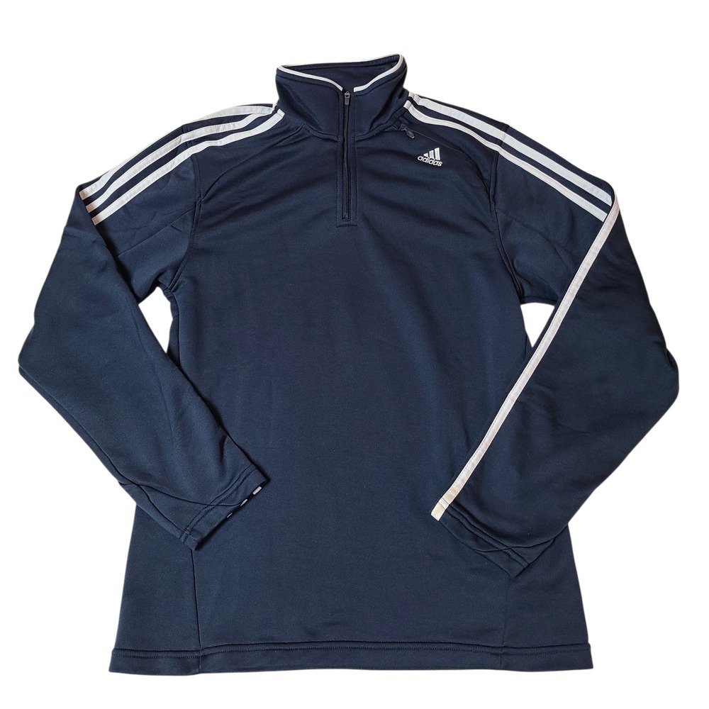 Adidas 3 Stripe Men's Small Stretch 1/4 Zip Pullover Shirt Blue Long Sleeve